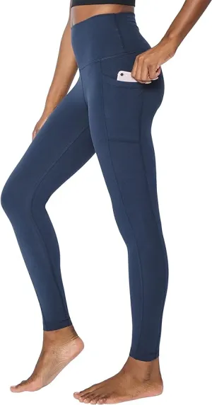 New vdbm YOGA Women's Light-Fleece Workout Leggings - High Waisted Warm Matte Brushed Tights Pants with Pockets, Navy, Sz XL