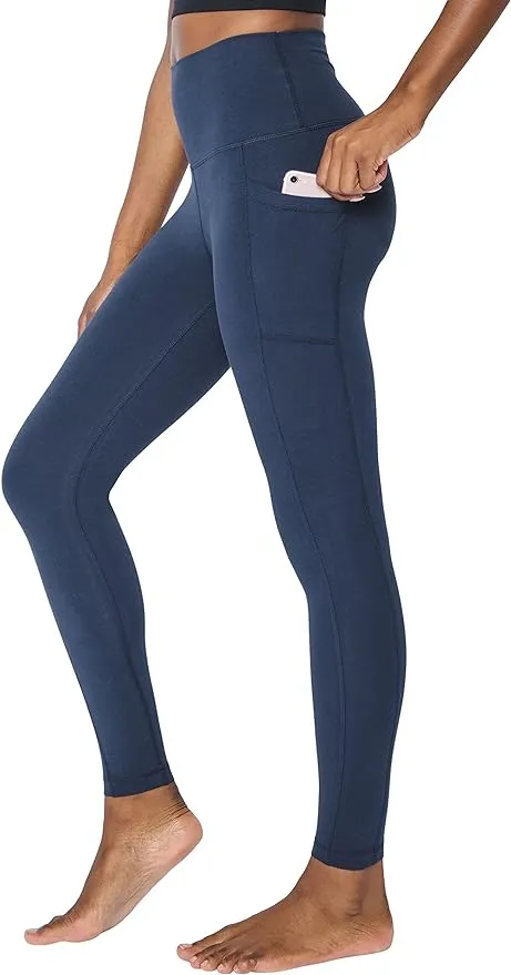 New vdbm YOGA Women's Light-Fleece Workout Leggings - High Waisted Warm Matte Brushed Tights Pants with Pockets, Navy, Sz XL