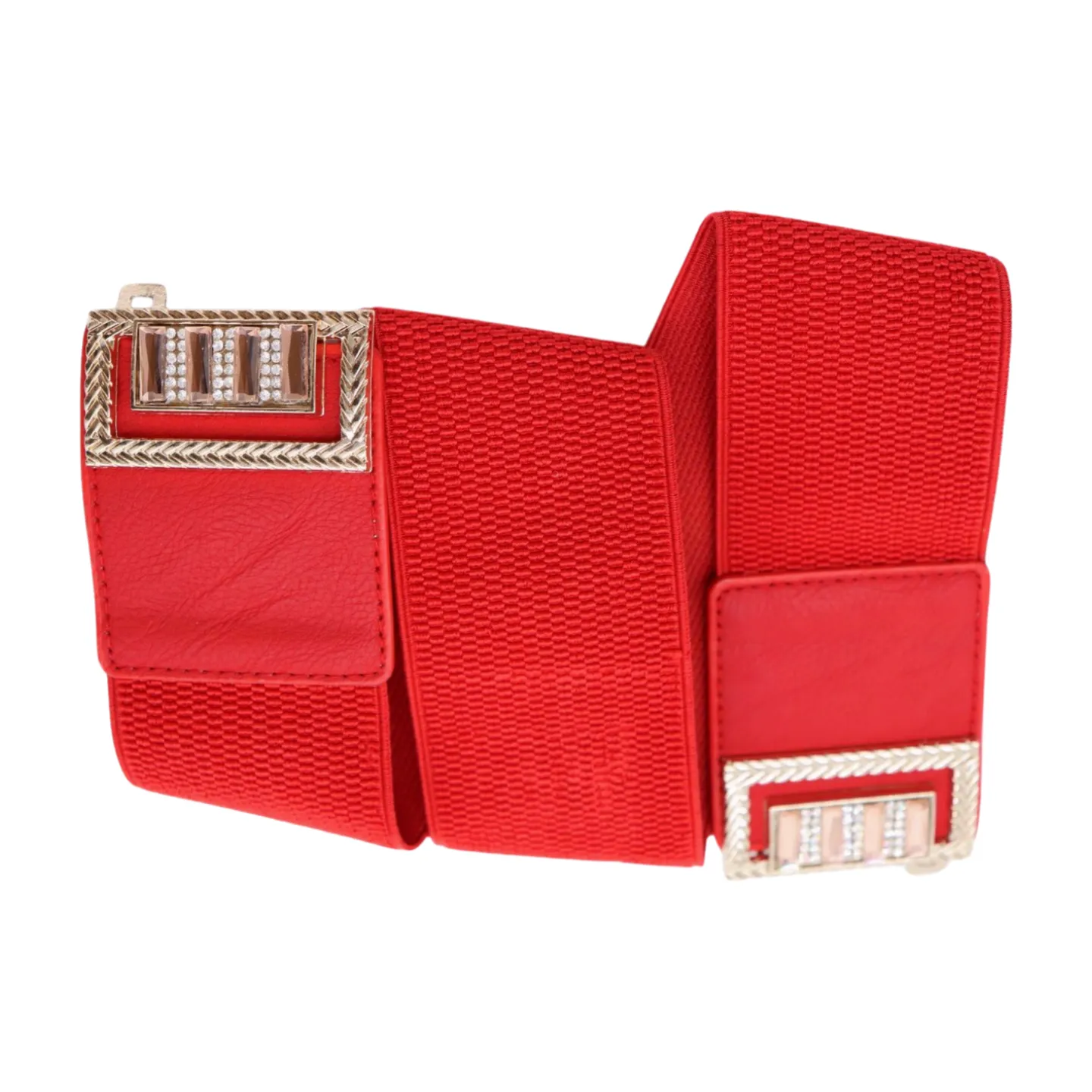 New Women Red Elastic Wide Fashion Belt Bling Metal Square Buckle S M