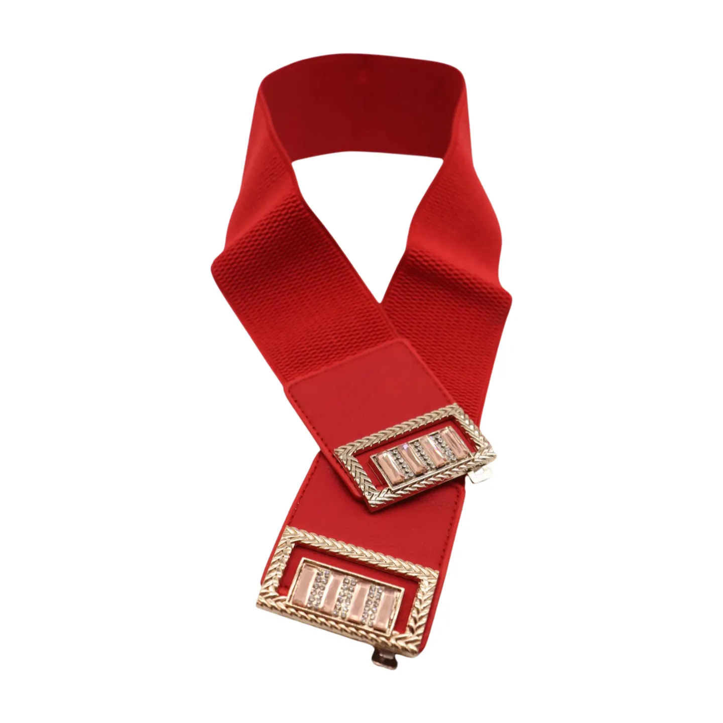 New Women Red Elastic Wide Fashion Belt Bling Metal Square Buckle S M