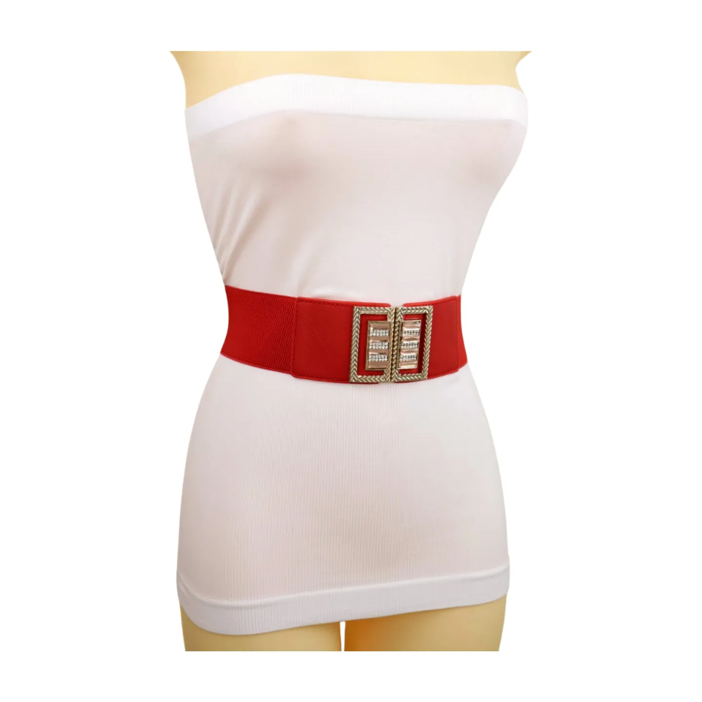 New Women Red Elastic Wide Fashion Belt Bling Metal Square Buckle S M