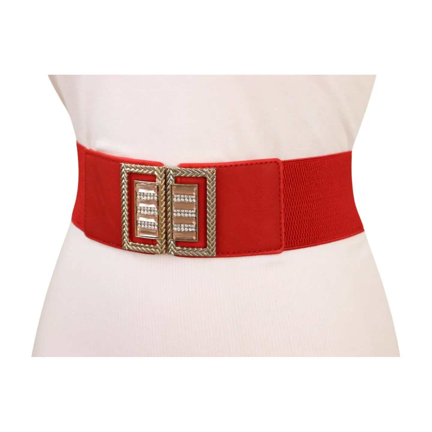 New Women Red Elastic Wide Fashion Belt Bling Metal Square Buckle S M