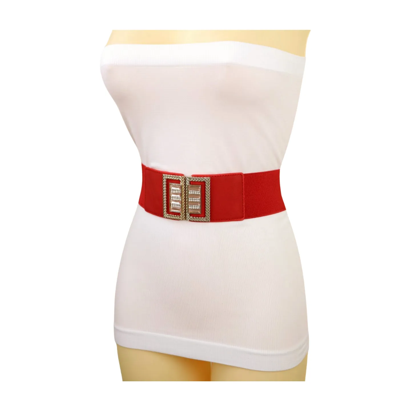 New Women Red Elastic Wide Fashion Belt Bling Metal Square Buckle S M