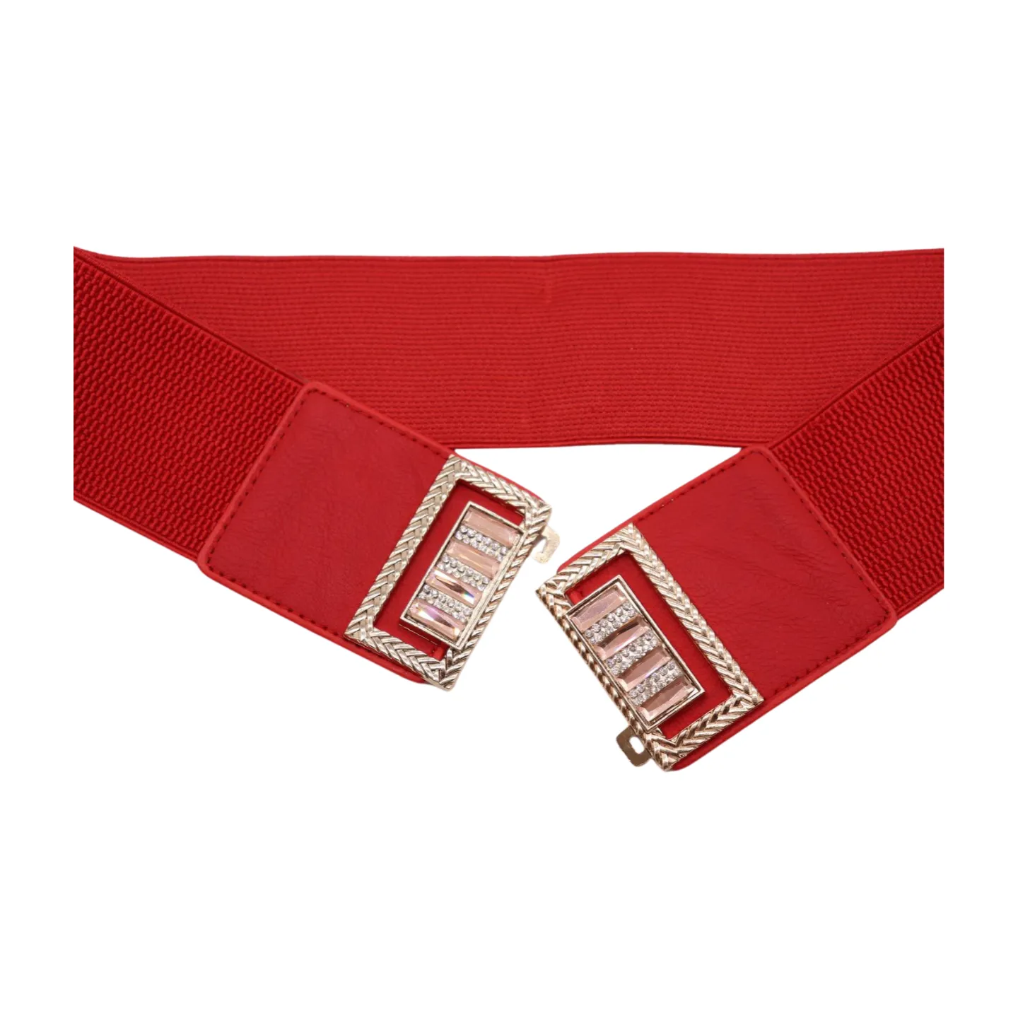 New Women Red Elastic Wide Fashion Belt Bling Metal Square Buckle S M
