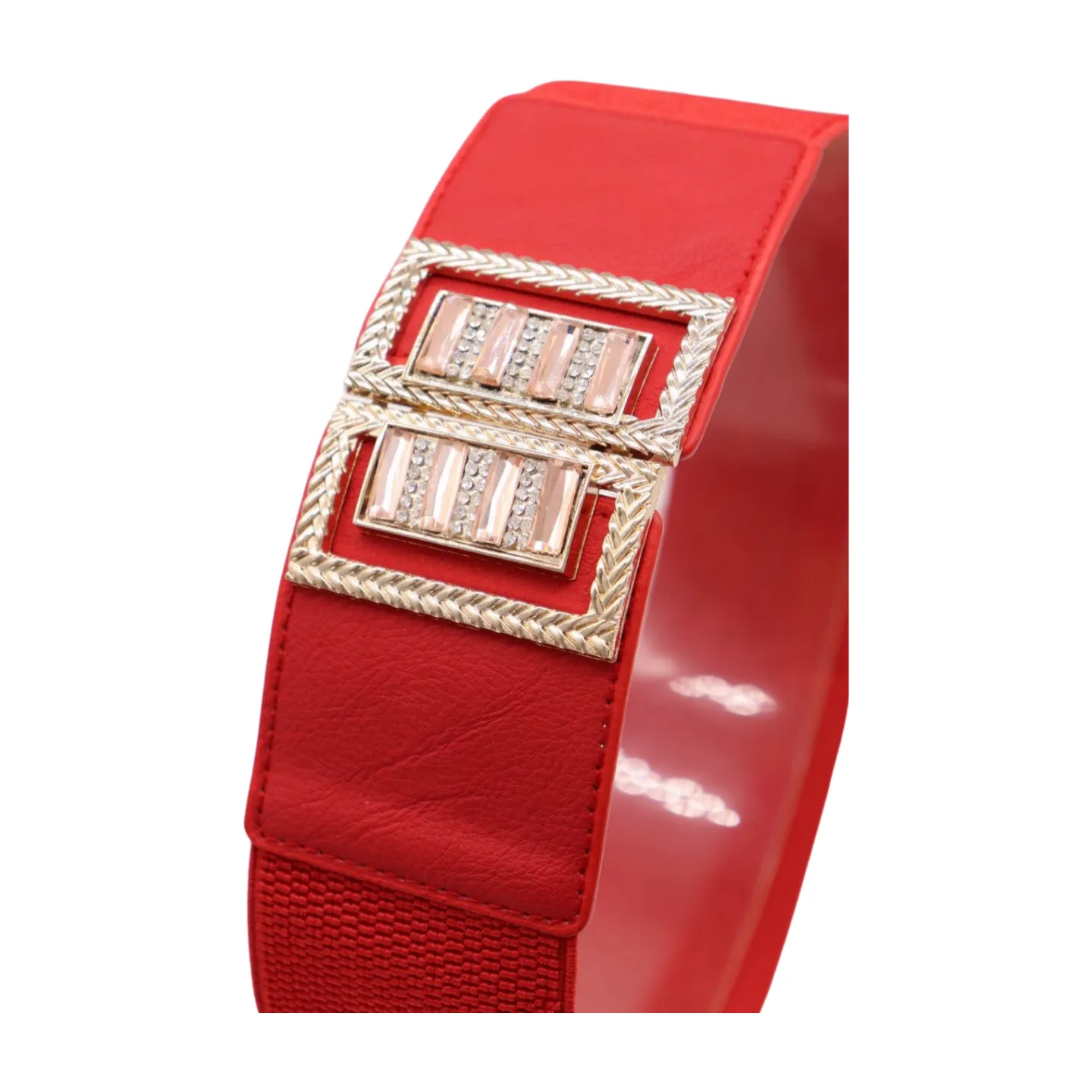 New Women Red Elastic Wide Fashion Belt Bling Metal Square Buckle S M