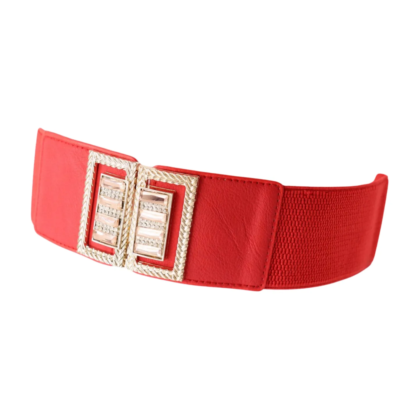 New Women Red Elastic Wide Fashion Belt Bling Metal Square Buckle S M