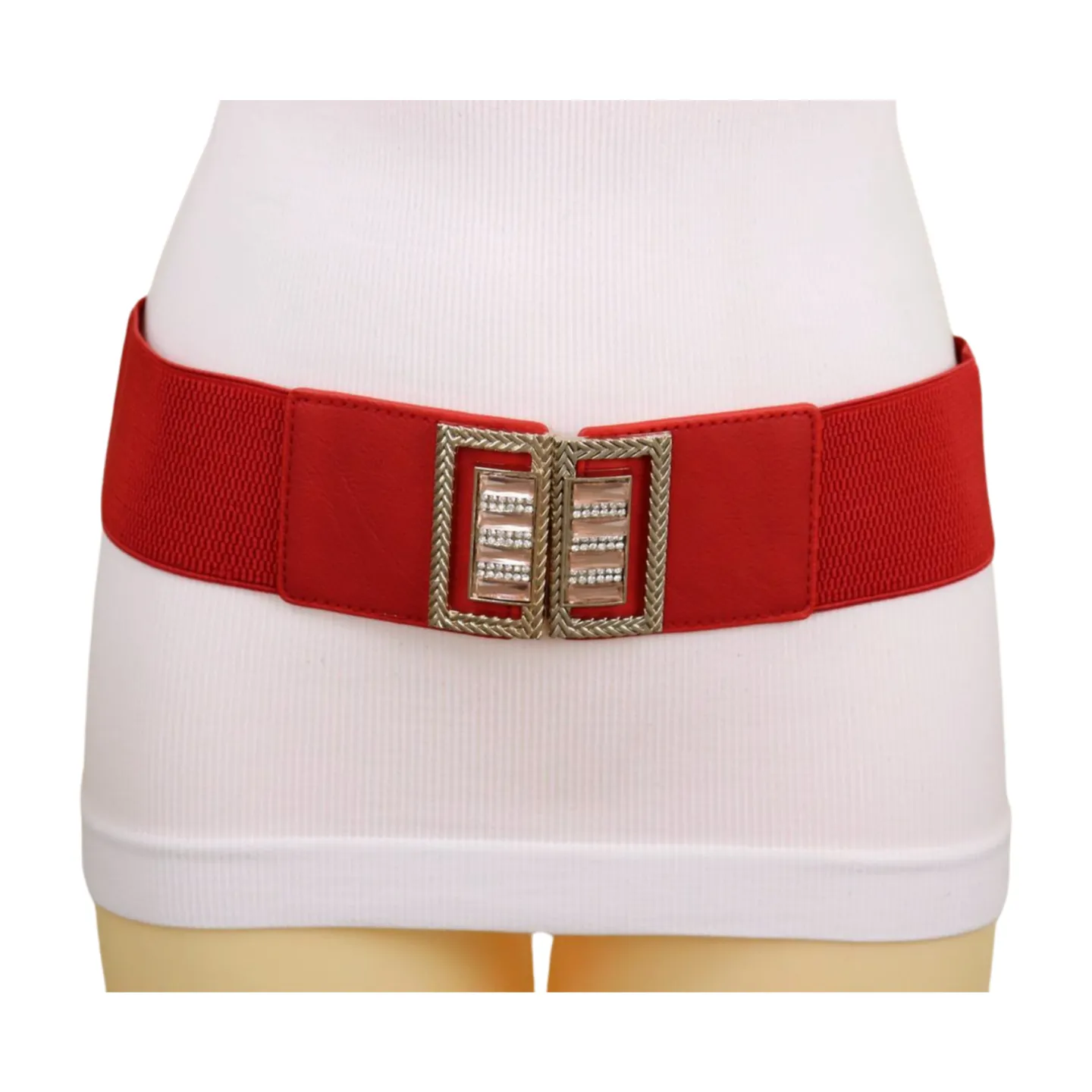 New Women Red Elastic Wide Fashion Belt Bling Metal Square Buckle S M