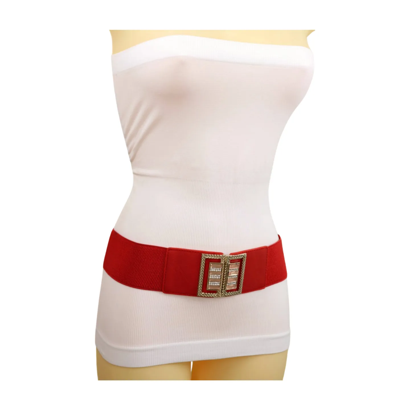 New Women Red Elastic Wide Fashion Belt Bling Metal Square Buckle S M