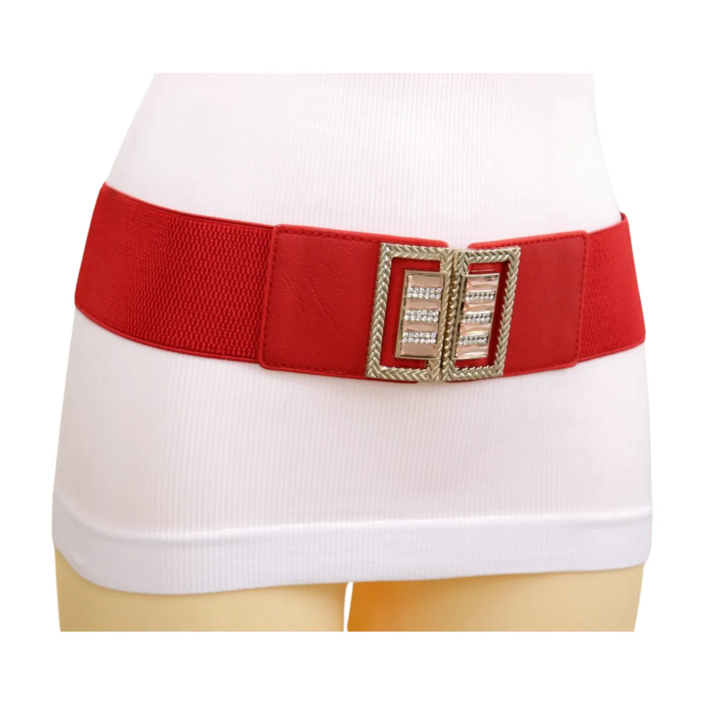 New Women Red Elastic Wide Fashion Belt Bling Metal Square Buckle S M