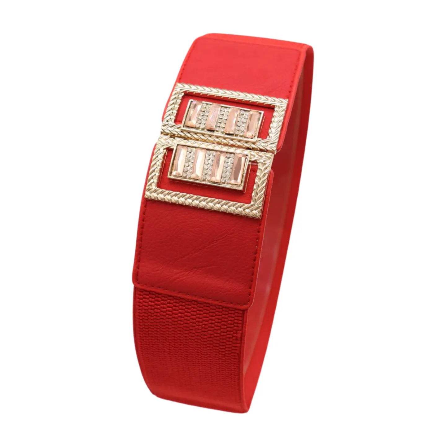 New Women Red Elastic Wide Fashion Belt Bling Metal Square Buckle S M