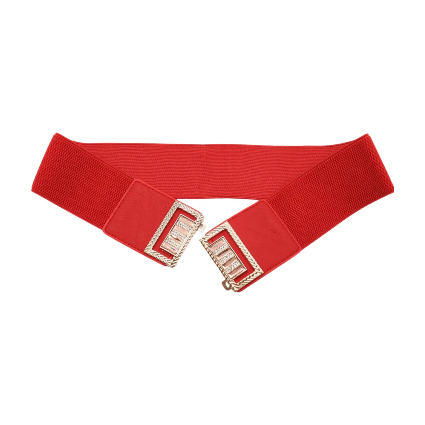 New Women Red Elastic Wide Fashion Belt Bling Metal Square Buckle S M