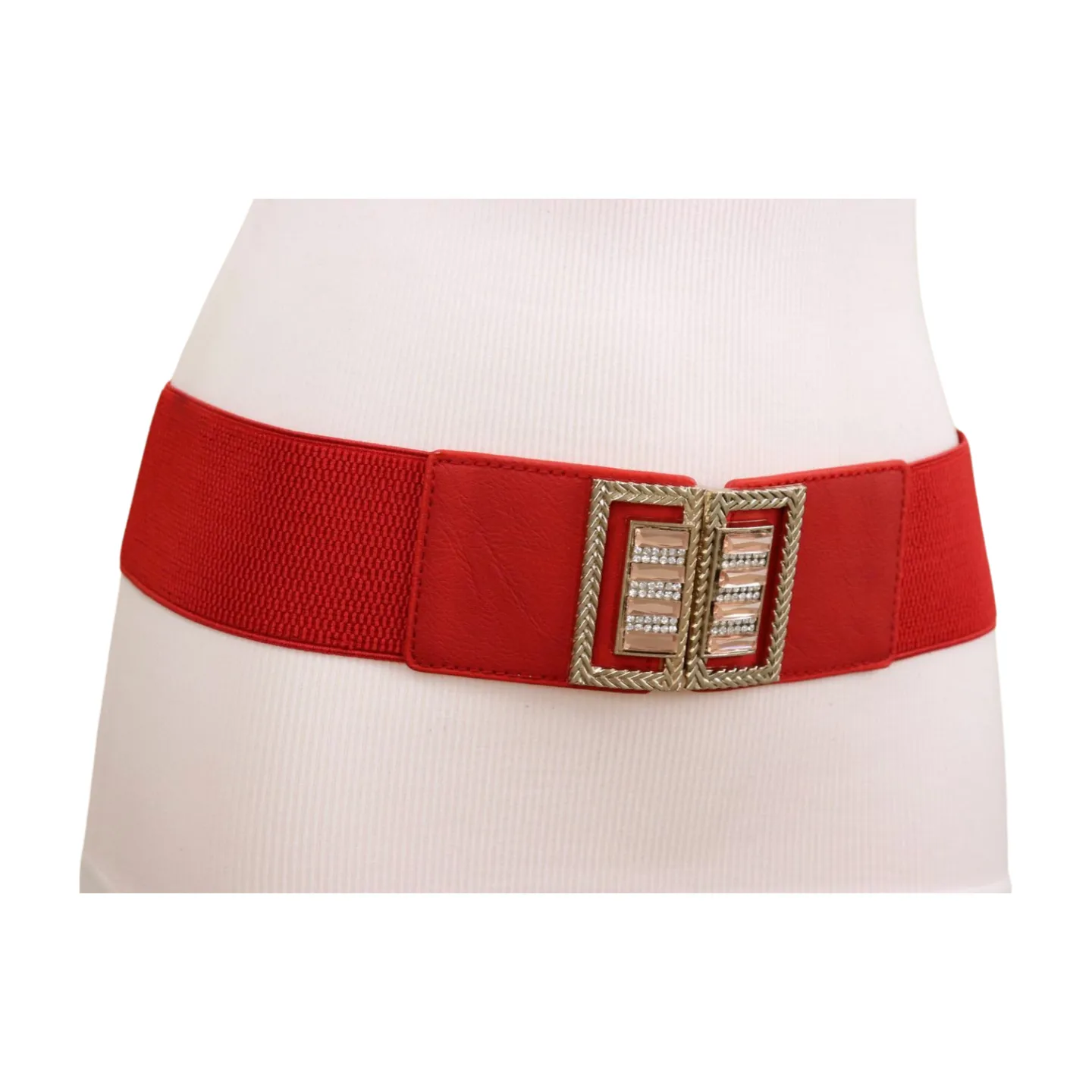 New Women Red Elastic Wide Fashion Belt Bling Metal Square Buckle S M