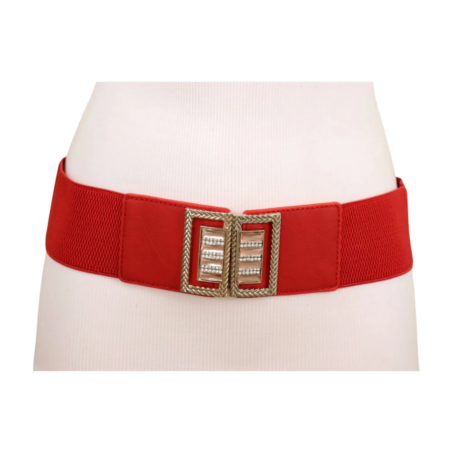 New Women Red Elastic Wide Fashion Belt Bling Metal Square Buckle S M