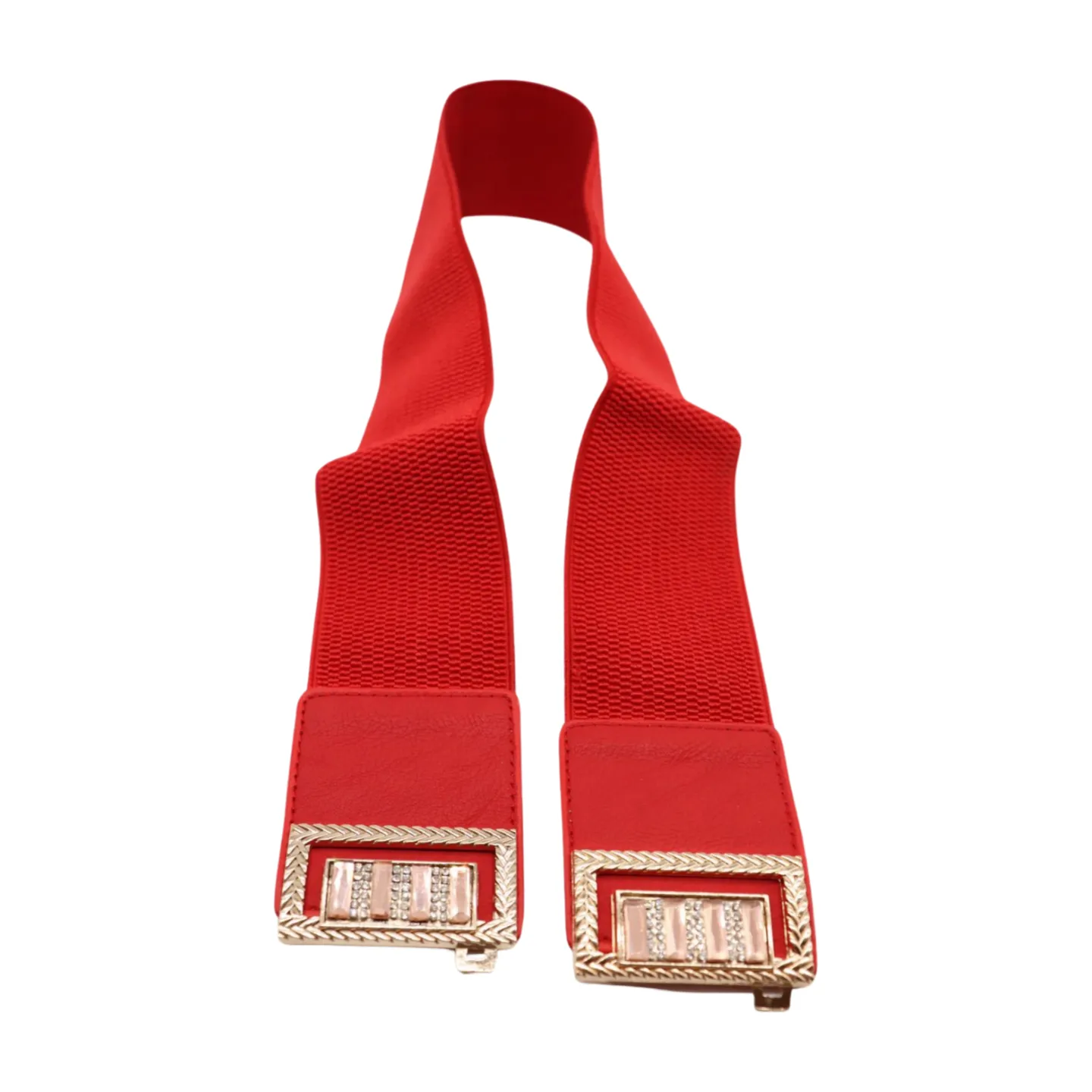 New Women Red Elastic Wide Fashion Belt Bling Metal Square Buckle S M