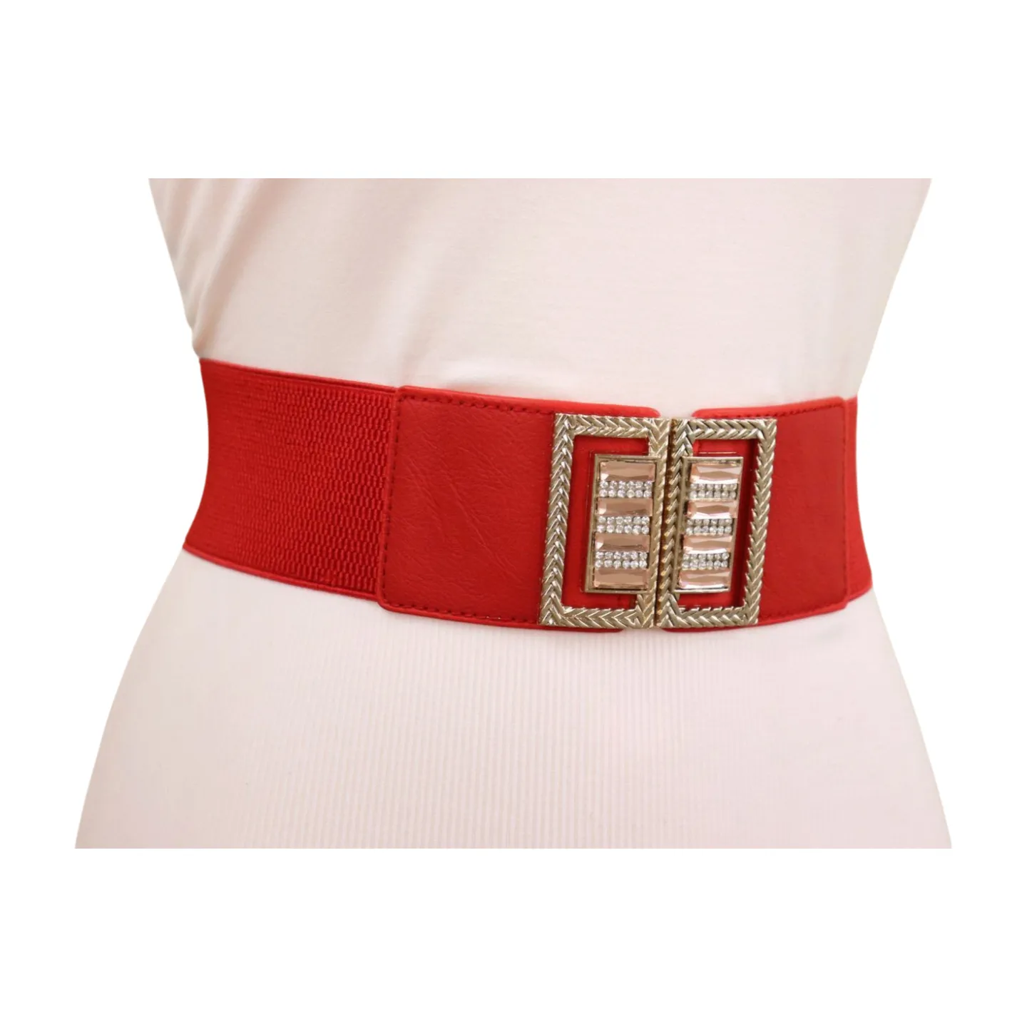 New Women Red Elastic Wide Fashion Belt Bling Metal Square Buckle S M