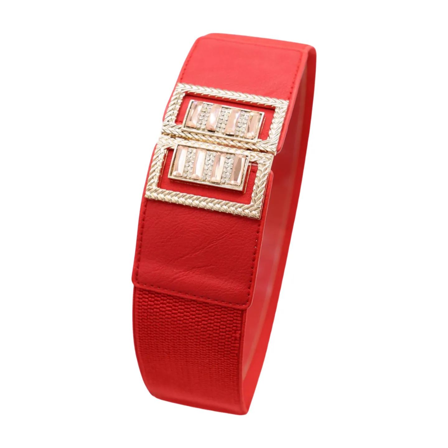 New Women Red Elastic Wide Fashion Belt Bling Metal Square Buckle S M