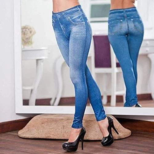 New Women's Slim blue jean look Seamless Jeggings, Sz M/L