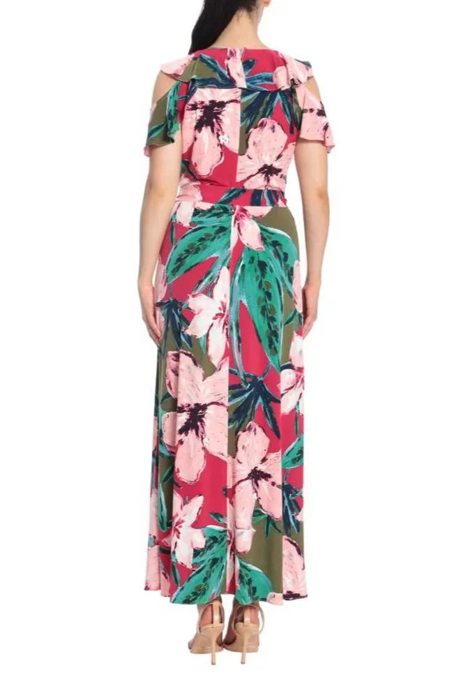 New Yorker's Apparel Ruffle Cold Shoulder Front Slit Maxi Dress