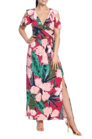 New Yorker's Apparel Ruffle Cold Shoulder Front Slit Maxi Dress