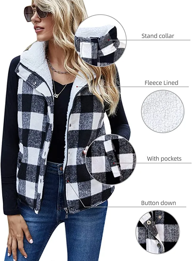 New Zilcremo Women's Winter Buffalo Plaid Jacket Padding Vest Stand Collar Zip Sherpa Fleece Quilted Gilet Coat, Sz M!