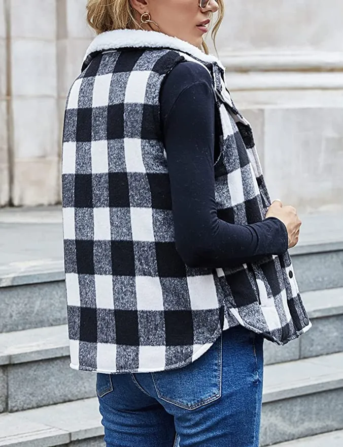 New Zilcremo Women's Winter Buffalo Plaid Jacket Padding Vest Stand Collar Zip Sherpa Fleece Quilted Gilet Coat, Sz M!