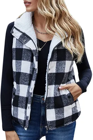 New Zilcremo Women's Winter Buffalo Plaid Jacket Padding Vest Stand Collar Zip Sherpa Fleece Quilted Gilet Coat, Sz M!