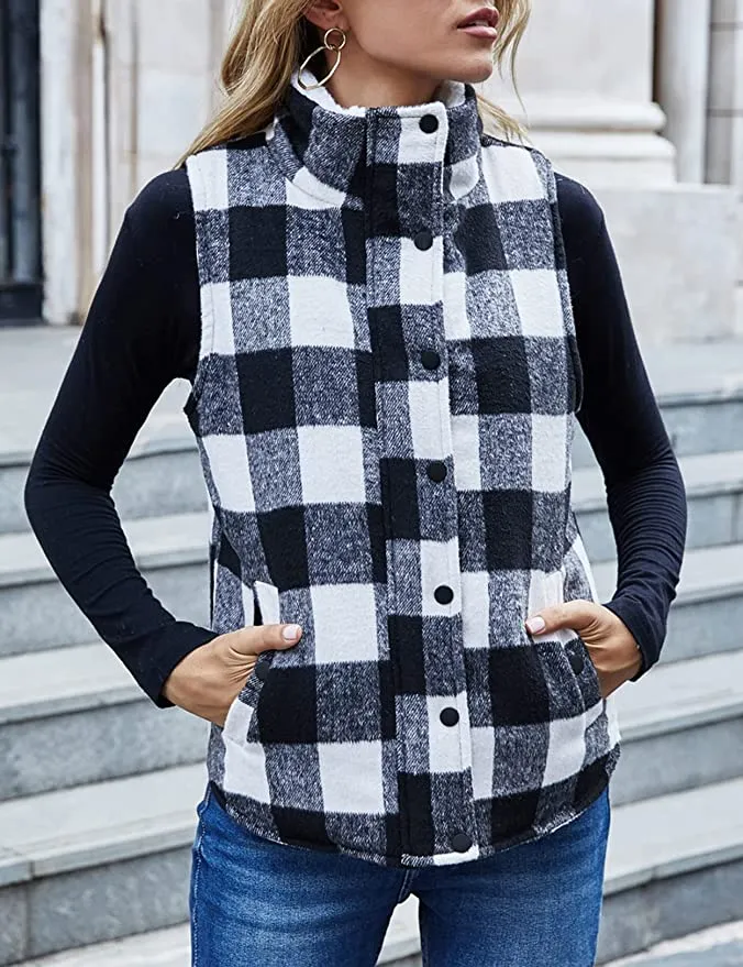 New Zilcremo Women's Winter Buffalo Plaid Jacket Padding Vest Stand Collar Zip Sherpa Fleece Quilted Gilet Coat, Sz M!