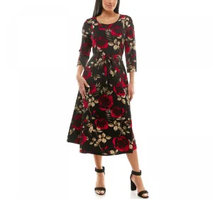 Nina Leonard Women's Sylvia Print Midi Dress L5513EF Black Combo M