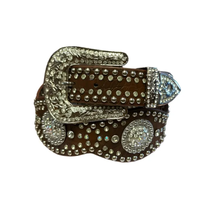 Nocona Belt Brown Leather with Alligator Print with Silver Conchos Adorned with Rhinestones