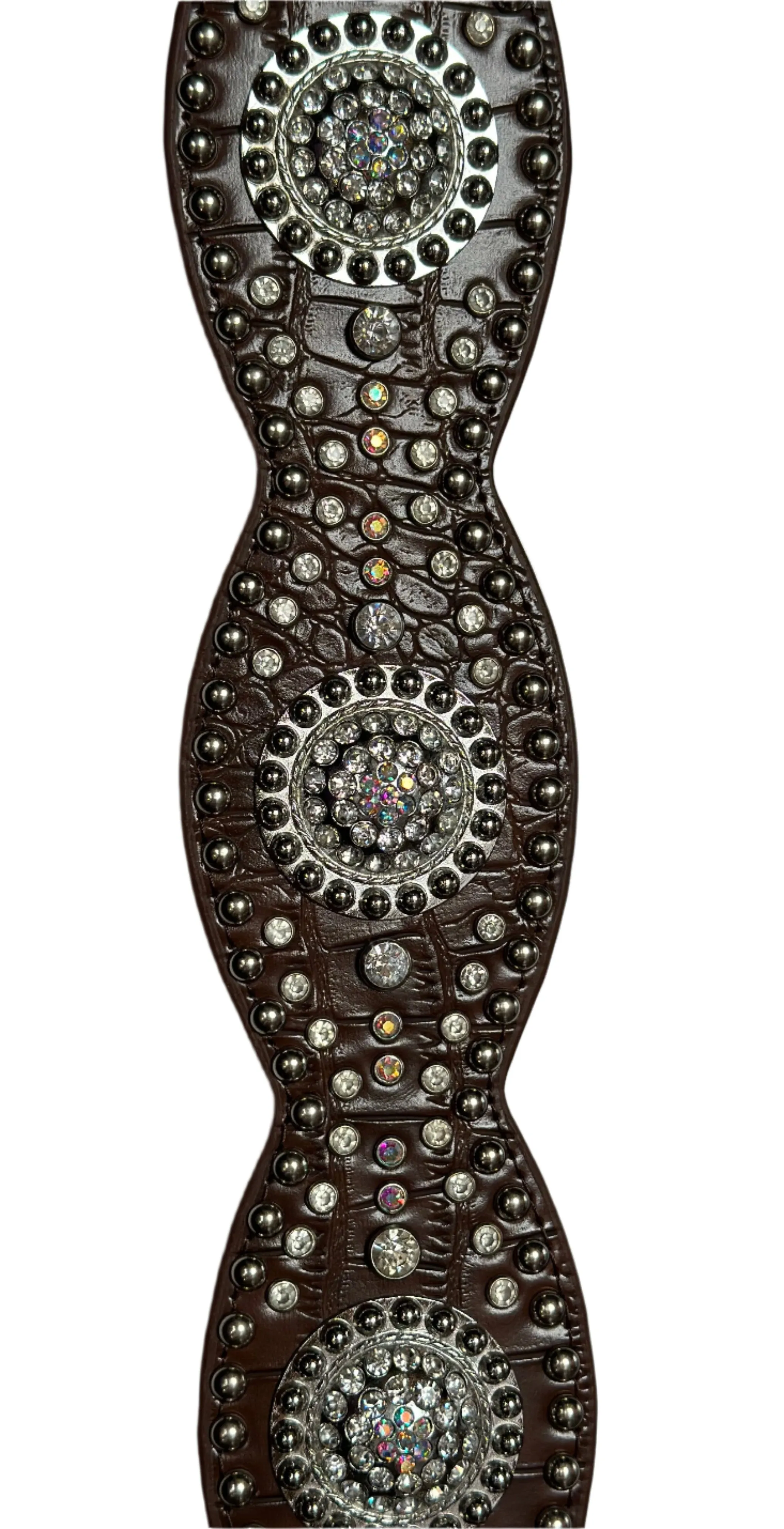 Nocona Belt Brown Leather with Alligator Print with Silver Conchos Adorned with Rhinestones