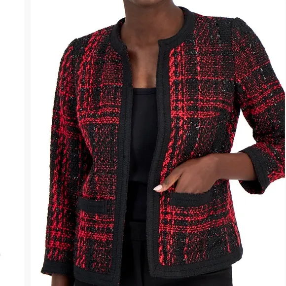 NWT Anne Klein Women's Metallic-Tweed Open-Front Jacket
