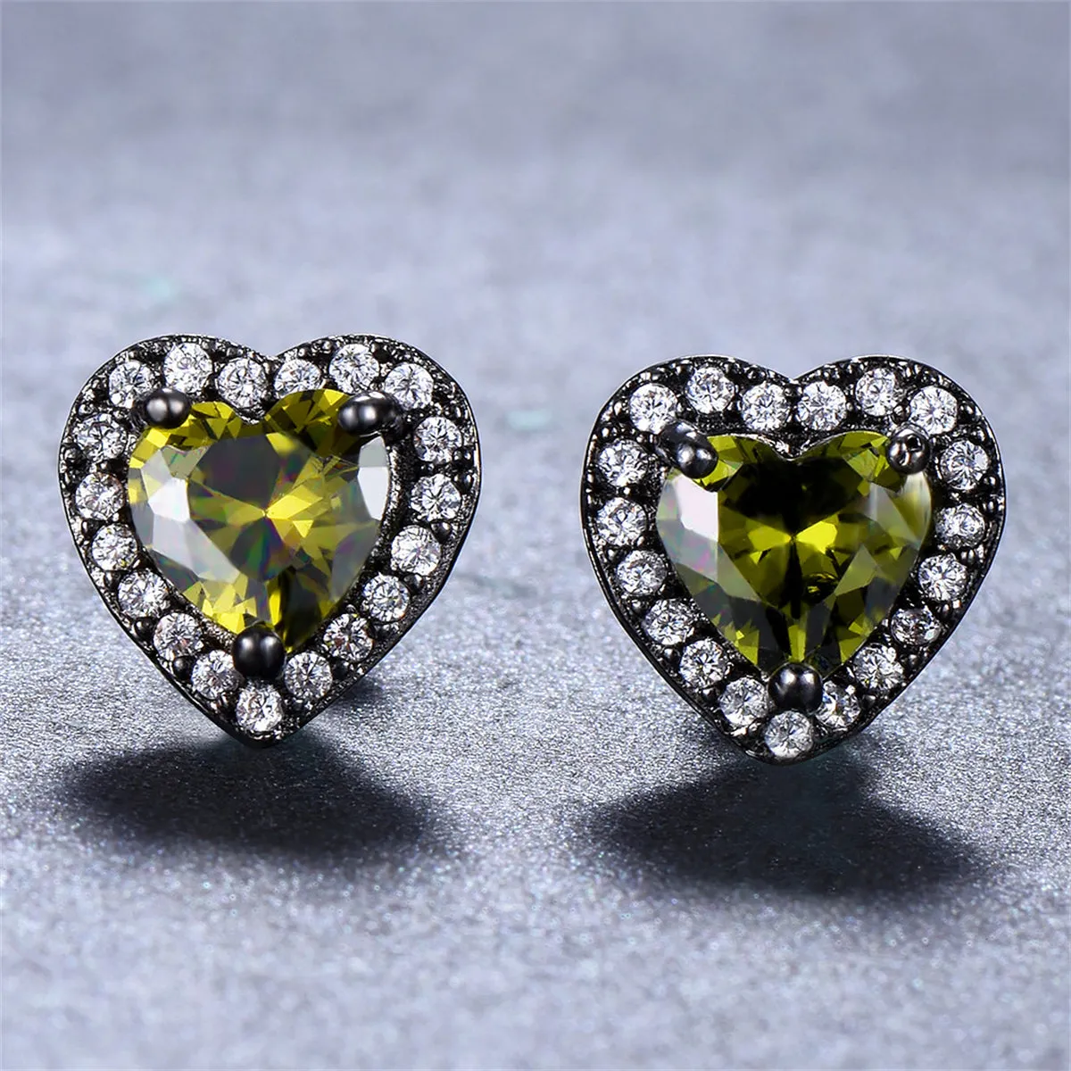 Olive Crystal & Cubic Zirconia Rhodium-Plated Halo Heart Stud Earrings