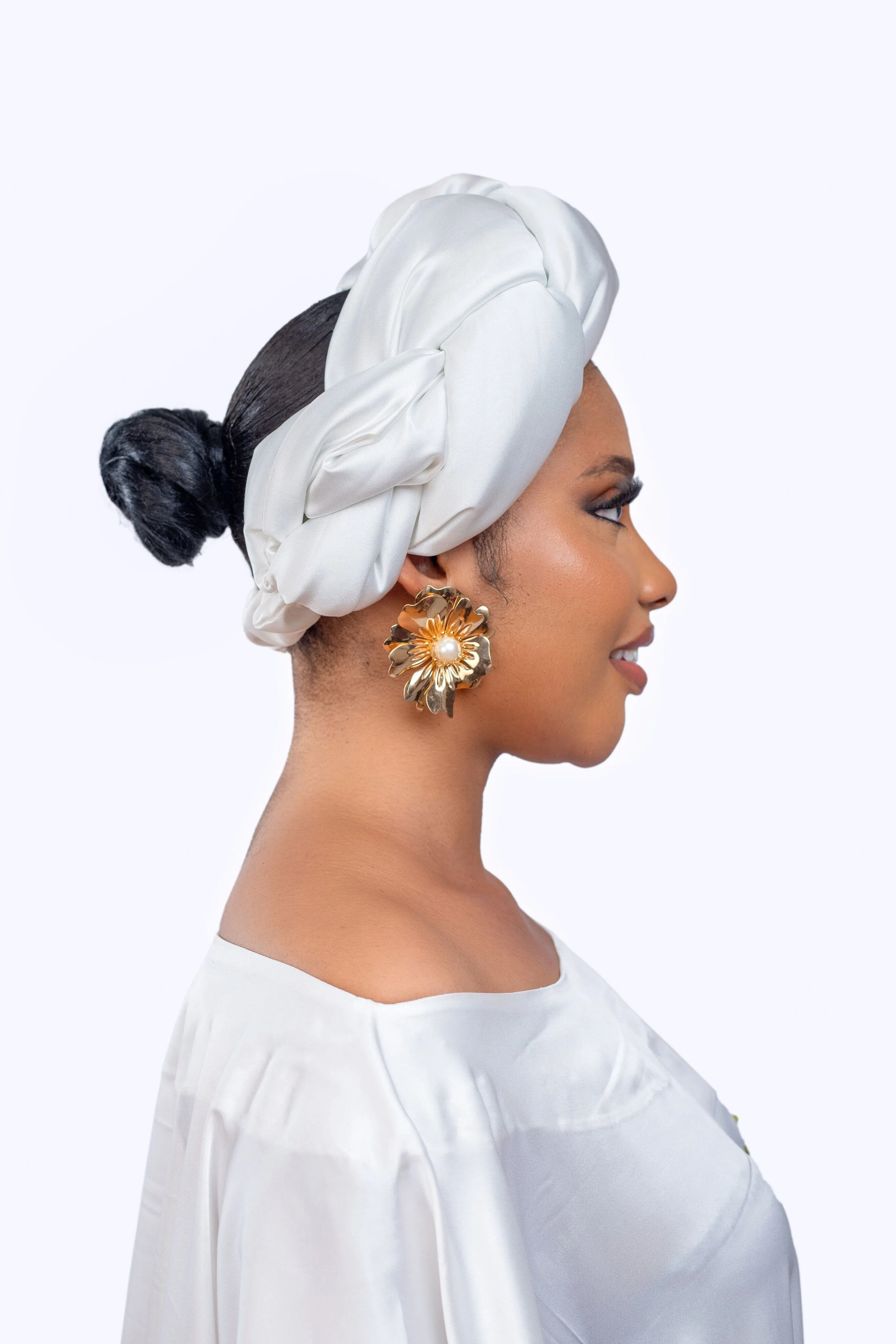 Omoge Twist Silk Cap (White) -Women's African Cap