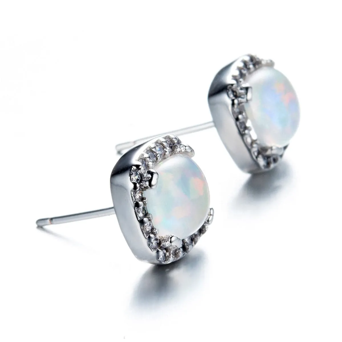 Opal & Cubic Zirconia Square Halo Stud Earrings