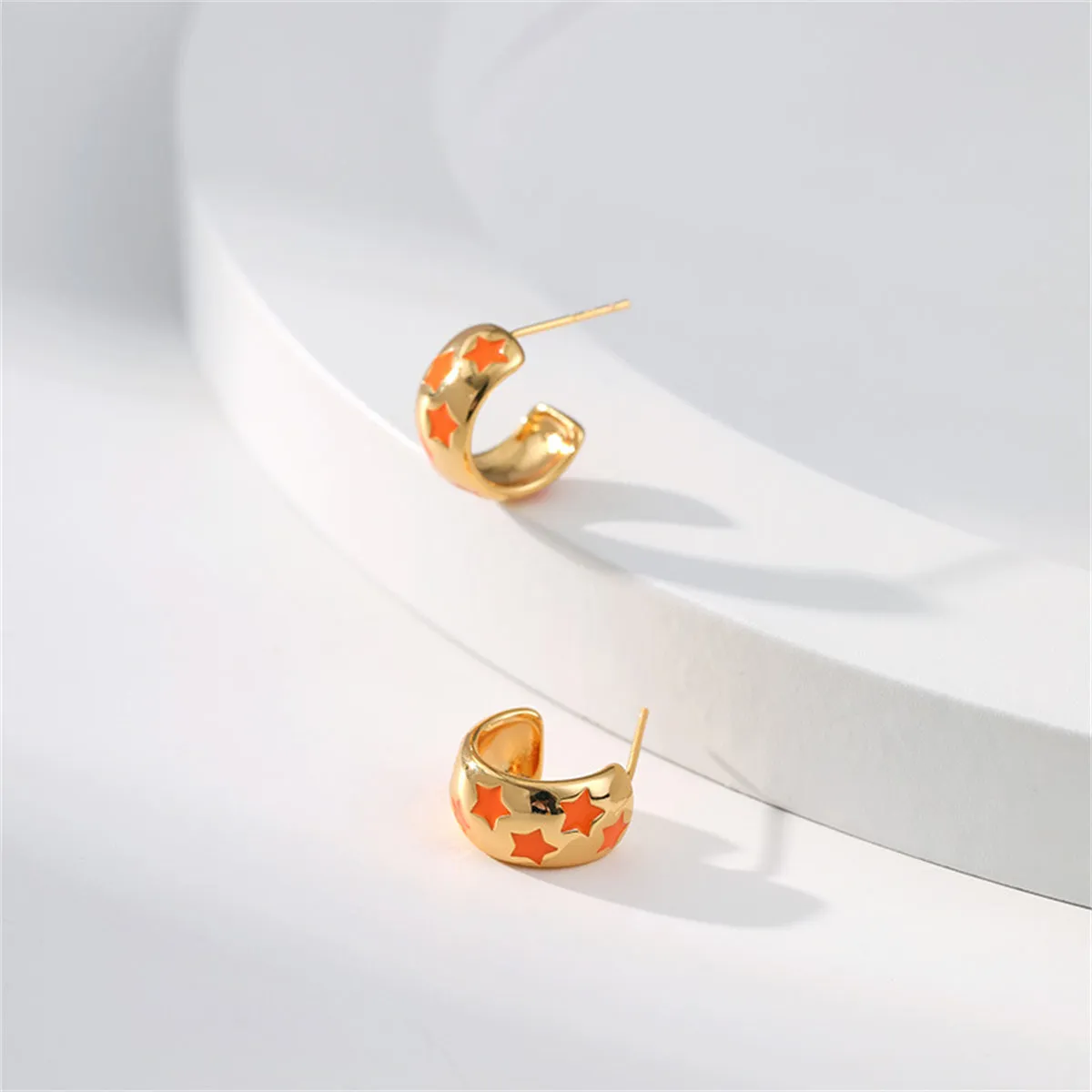 Orange Enamel & 18K Gold-Plated Stars Huggie Earring