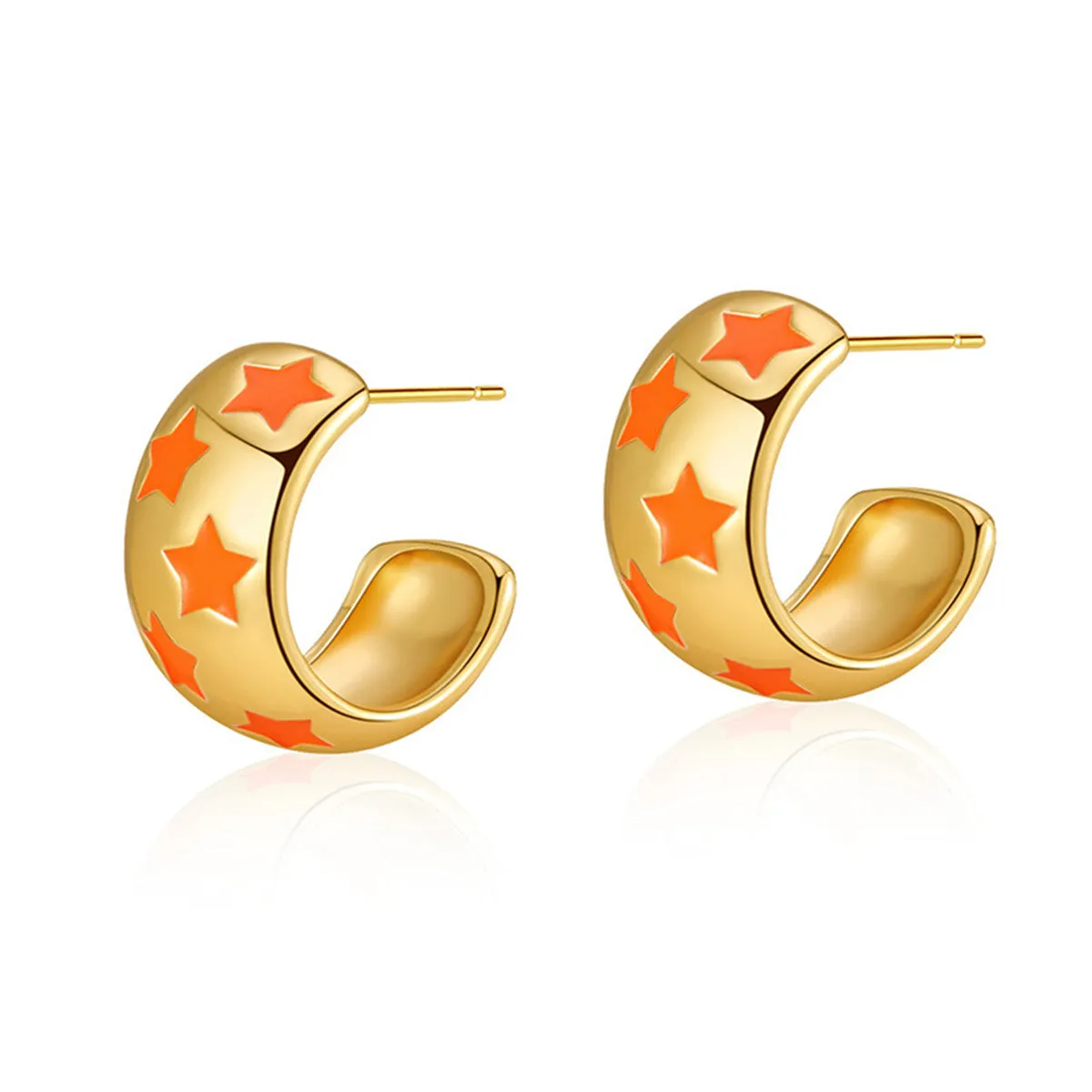 Orange Enamel & 18K Gold-Plated Stars Huggie Earring