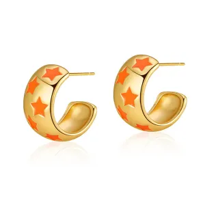 Orange Enamel & 18K Gold-Plated Stars Huggie Earring