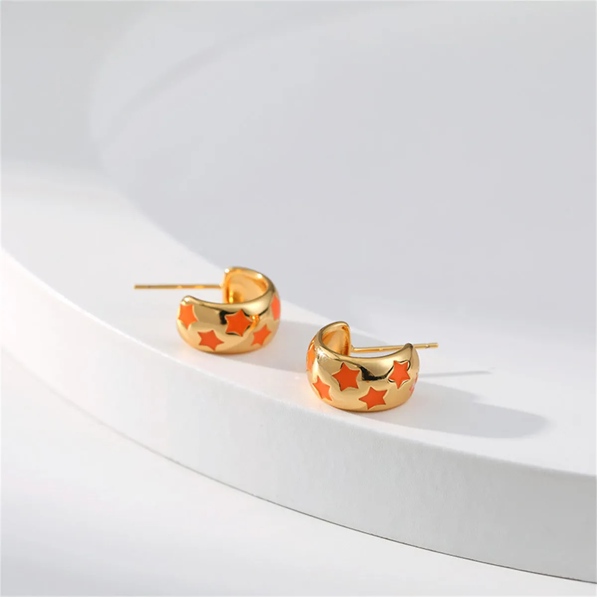 Orange Enamel & 18K Gold-Plated Stars Huggie Earring