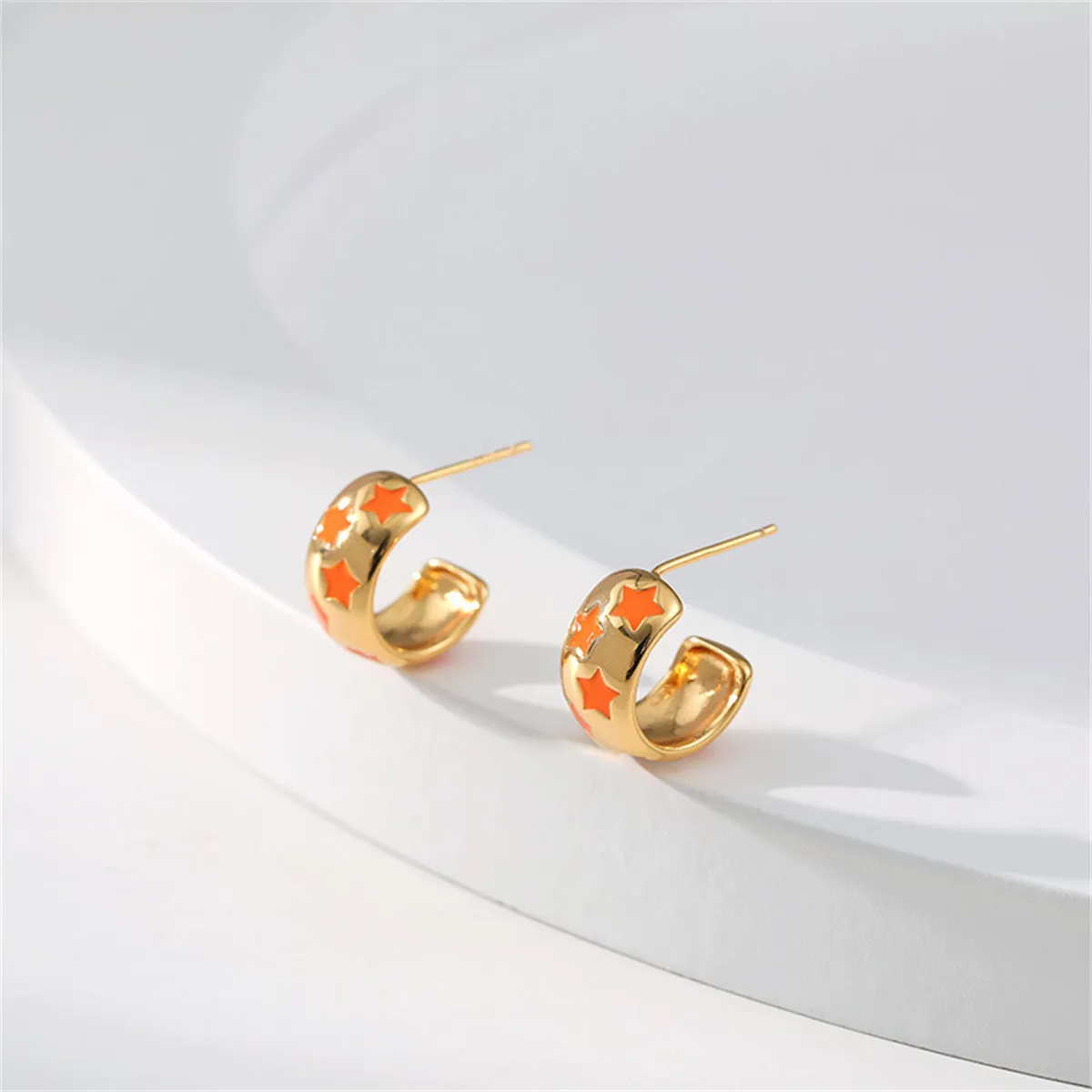 Orange Enamel & 18K Gold-Plated Stars Huggie Earring