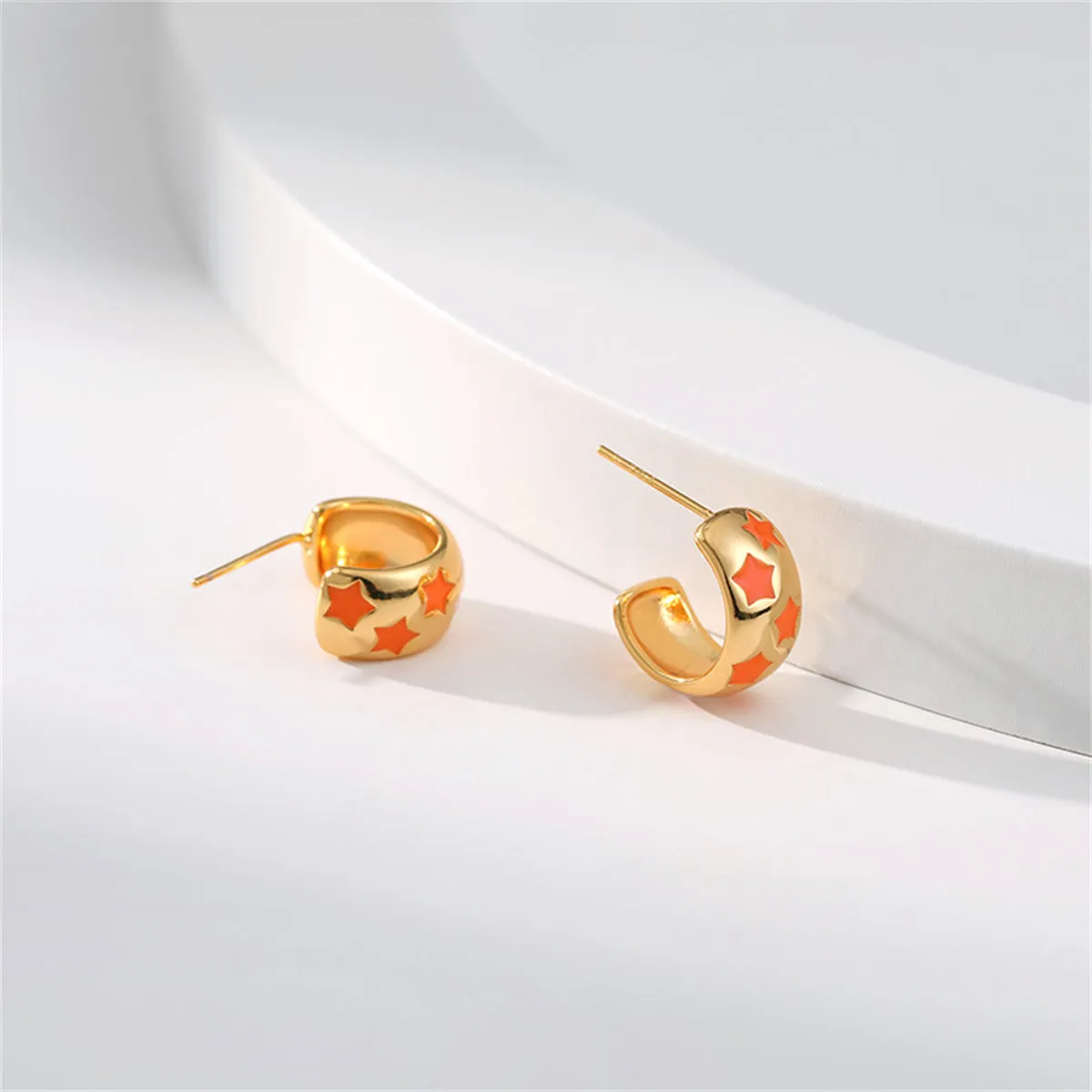 Orange Enamel & 18K Gold-Plated Stars Huggie Earring
