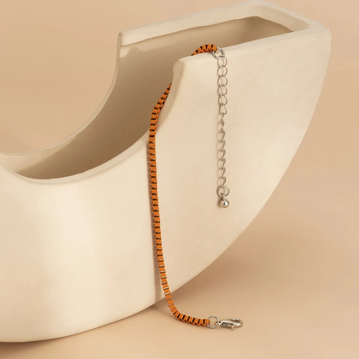 Orange Enamel & Silver-Plated Box Chain Adjustable Bracelet