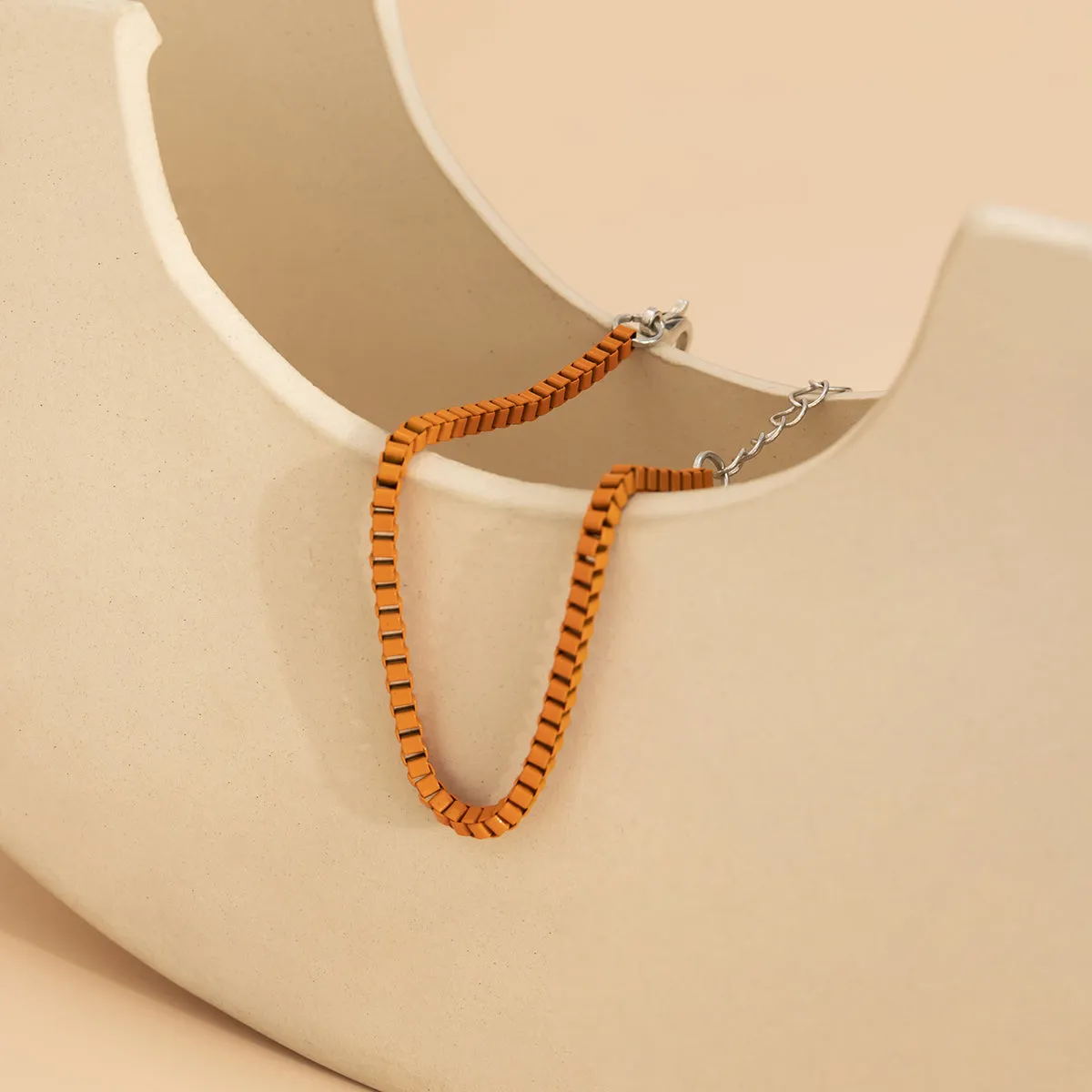 Orange Enamel & Silver-Plated Box Chain Adjustable Bracelet