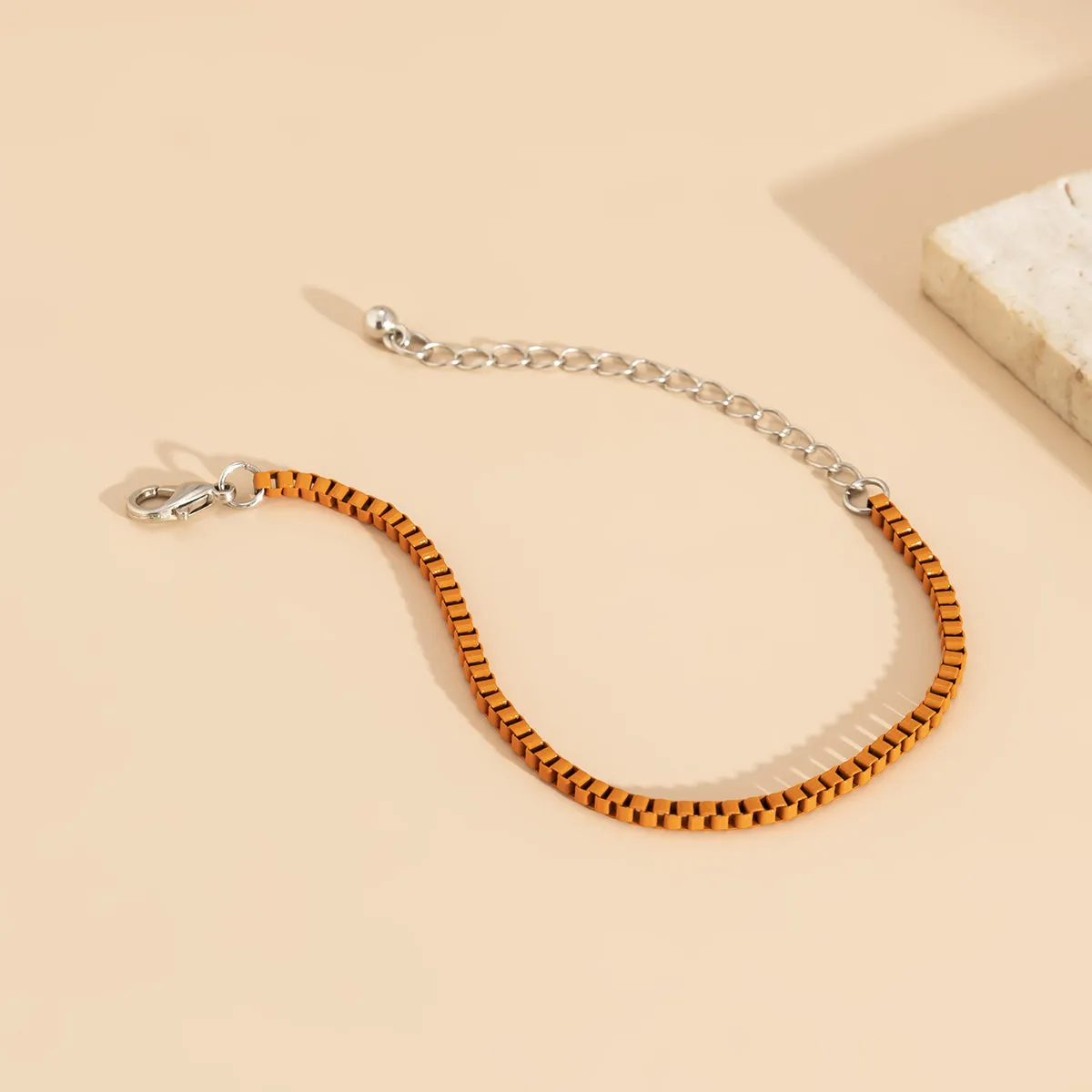 Orange Enamel & Silver-Plated Box Chain Adjustable Bracelet