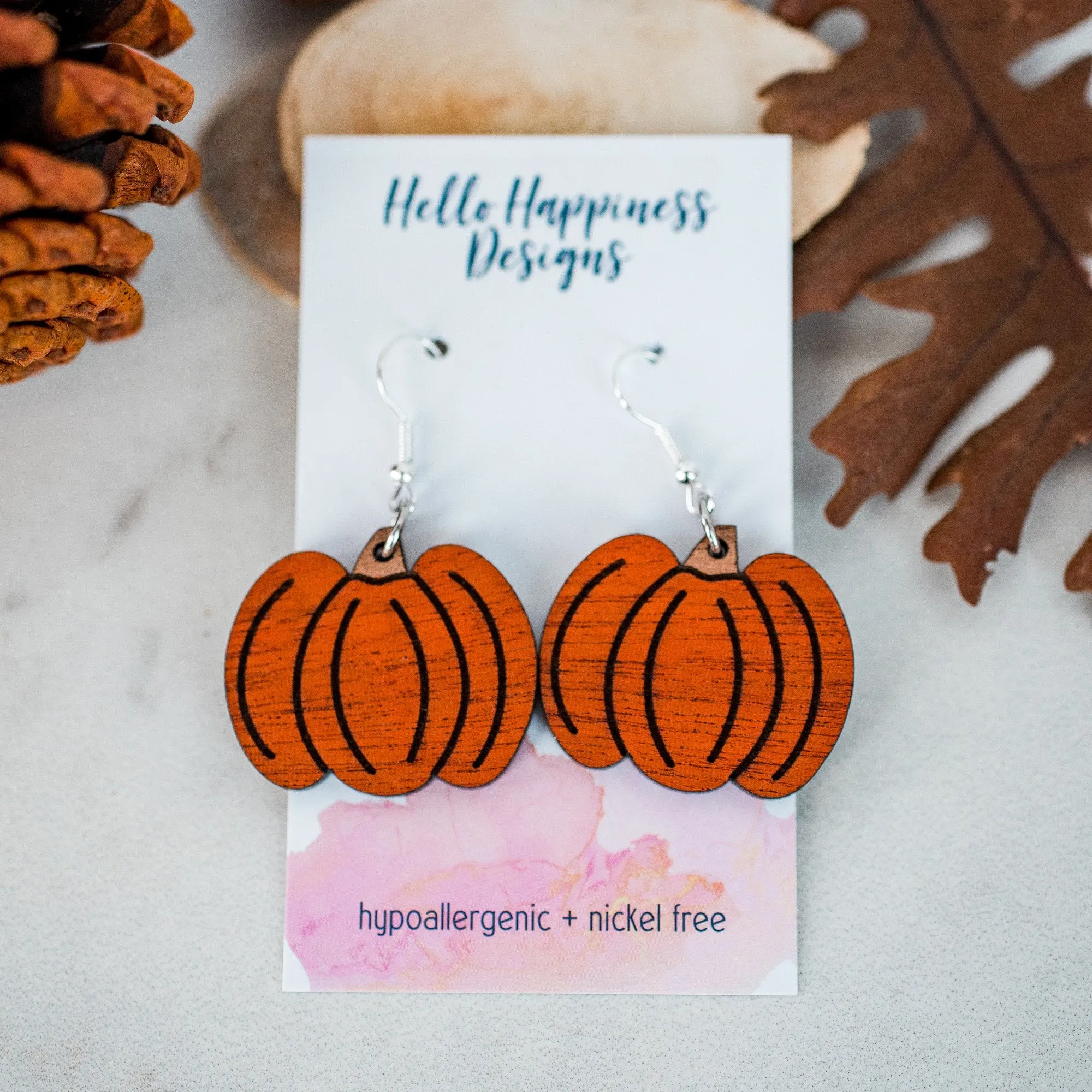 Orange Pumpkin Wooden Dangle Earrings