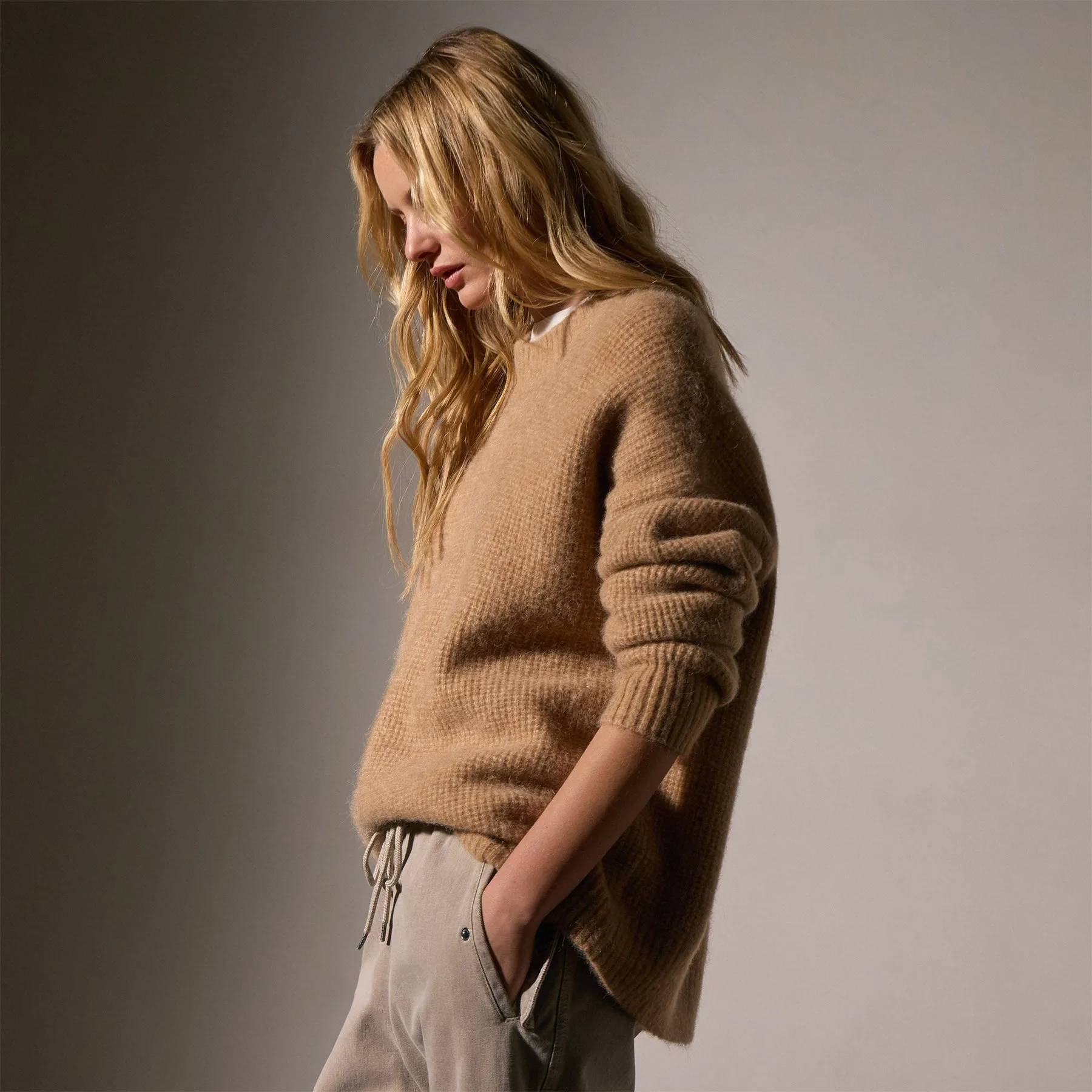 Oversized Waffle Knit Crew - Camel