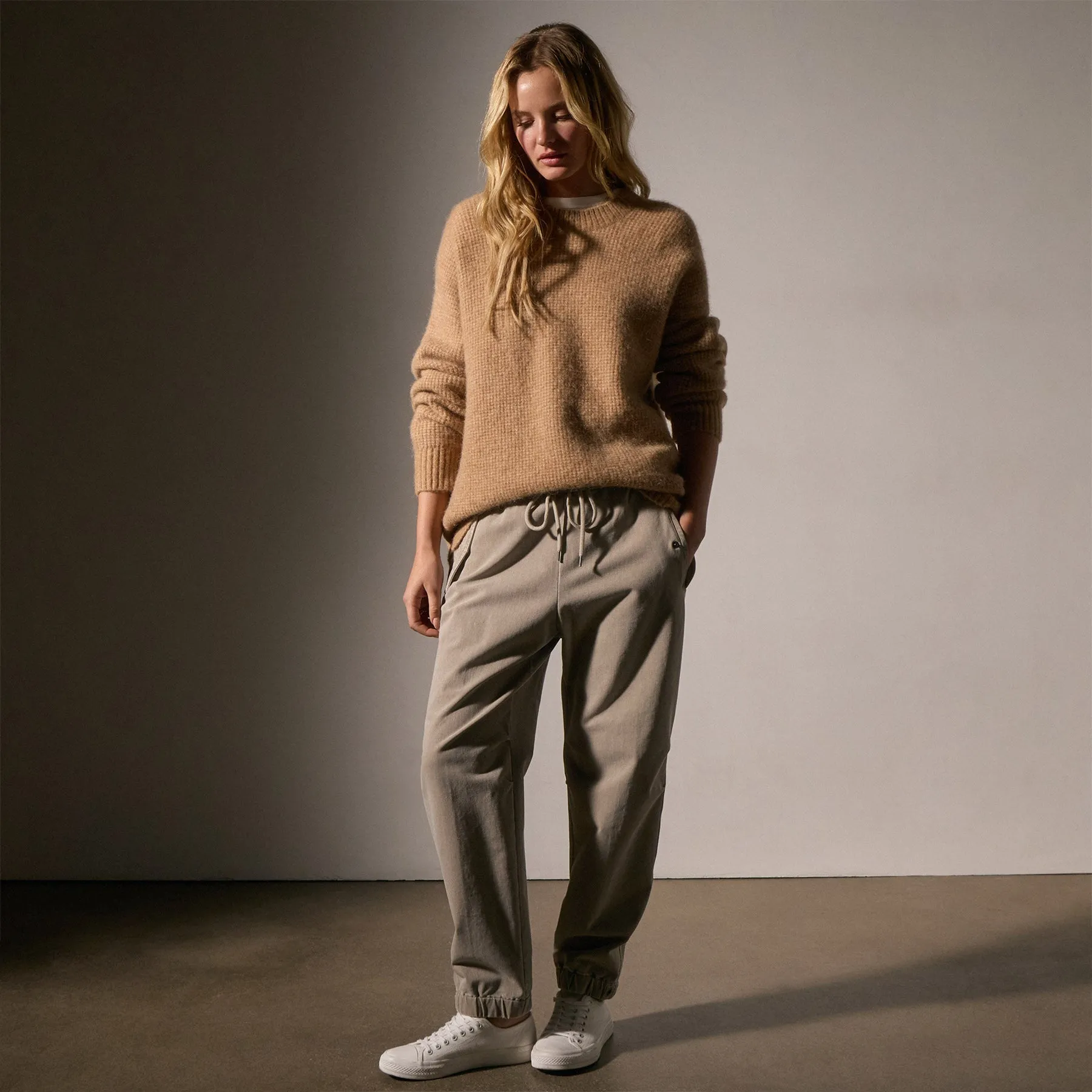 Oversized Waffle Knit Crew - Camel