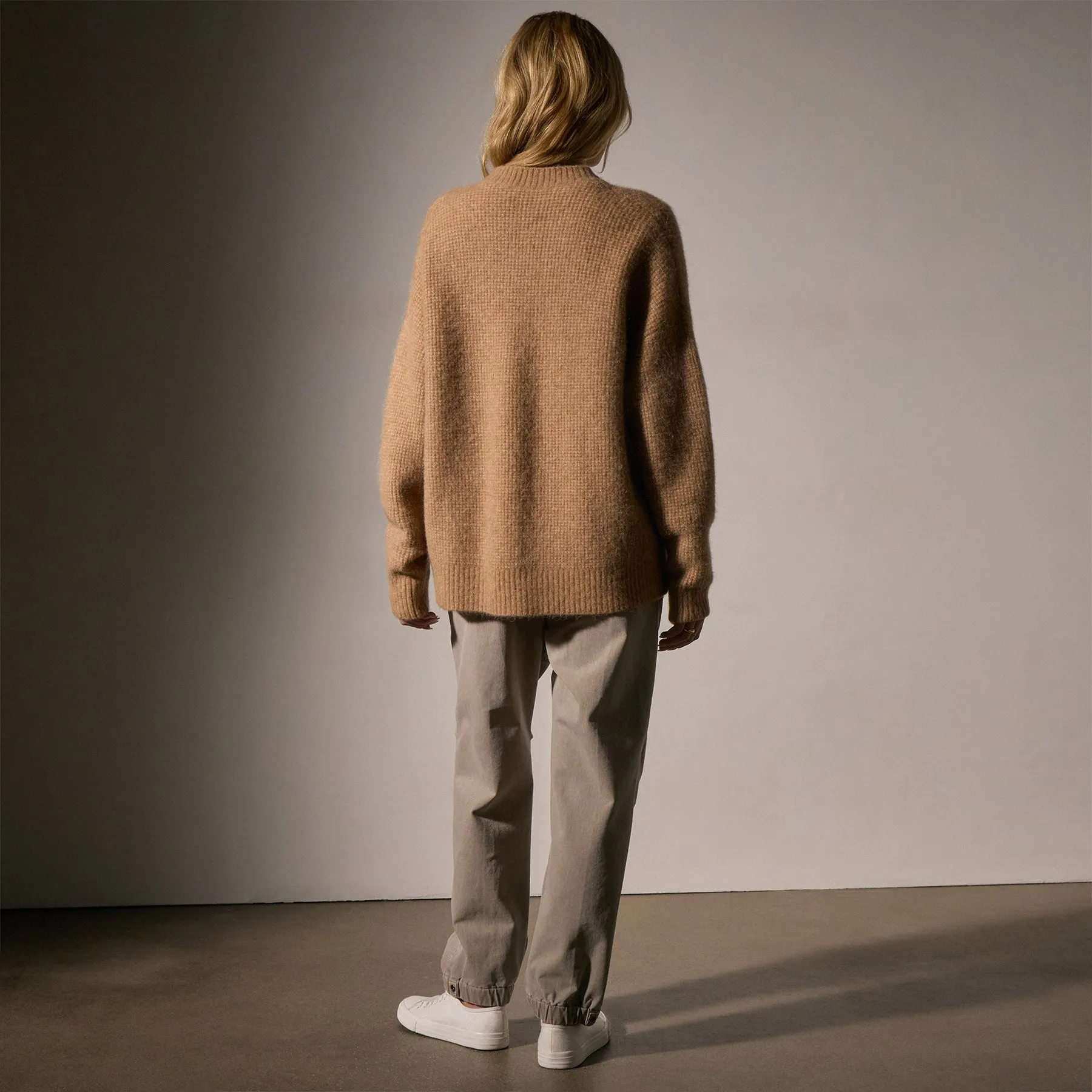 Oversized Waffle Knit Crew - Camel