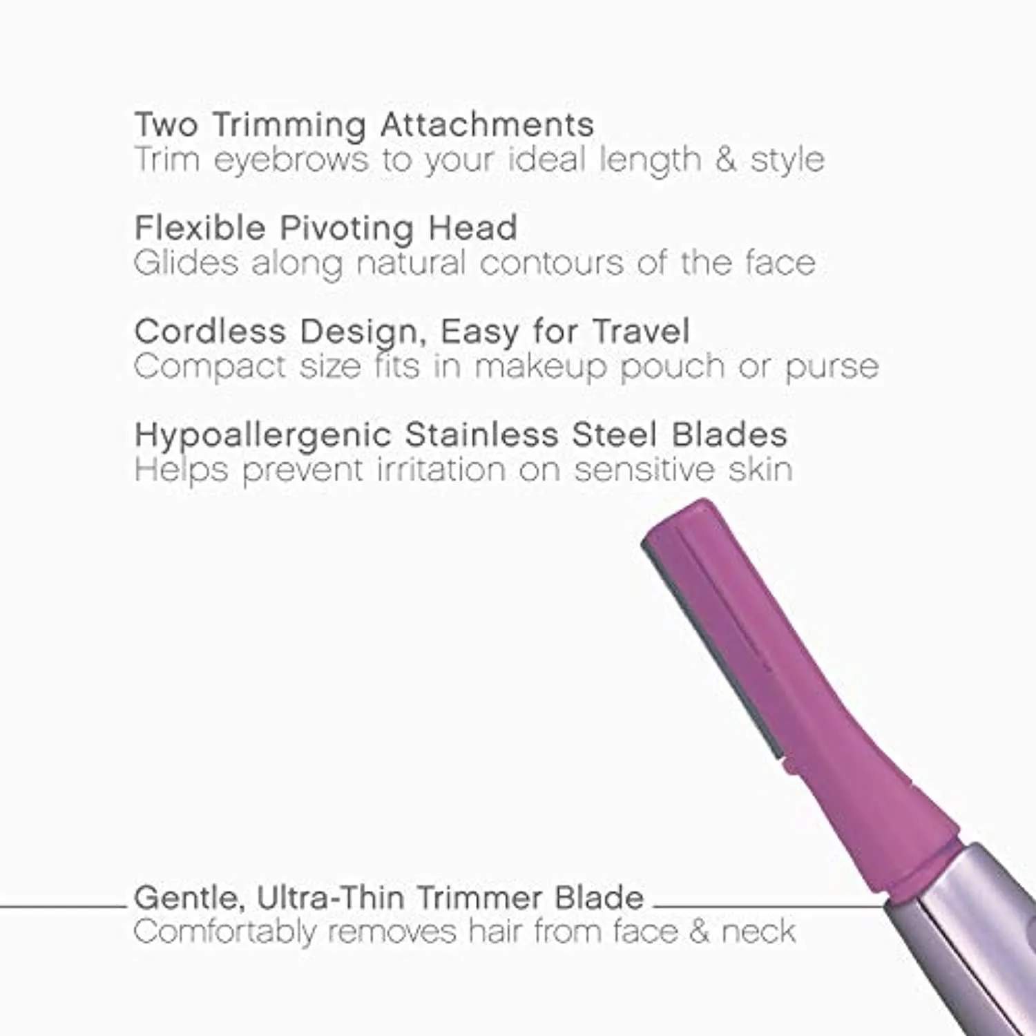 Panasonic Facial Hair Trimmer for Women ES2113PC, with Pivoting Head and Eyebrow Trimmer Attachments, Dry Use, Battery-Operated, Pink, 5 Piece Set