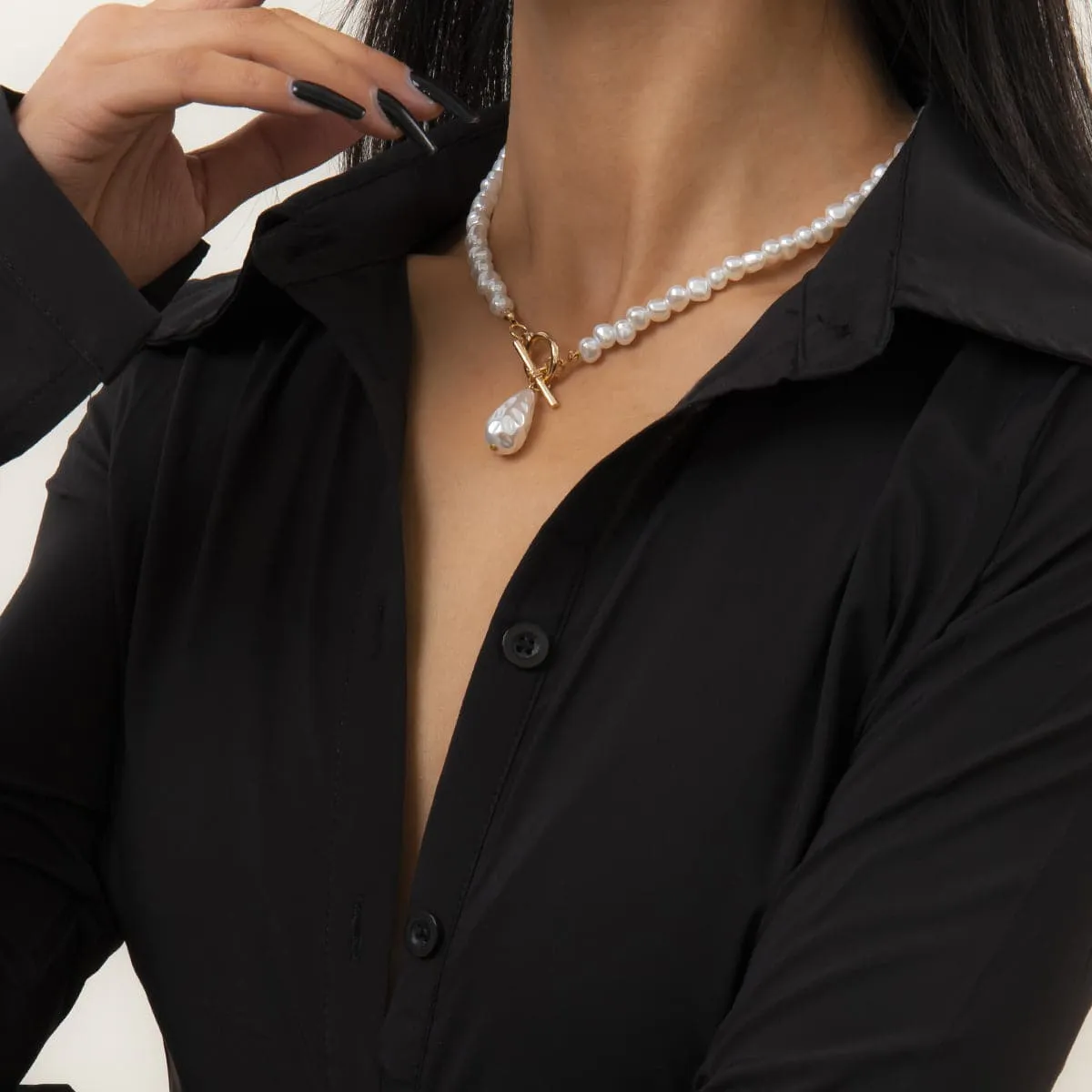 Pearl & 18K Gold-Plated Drop Toggle Pendant Necklace