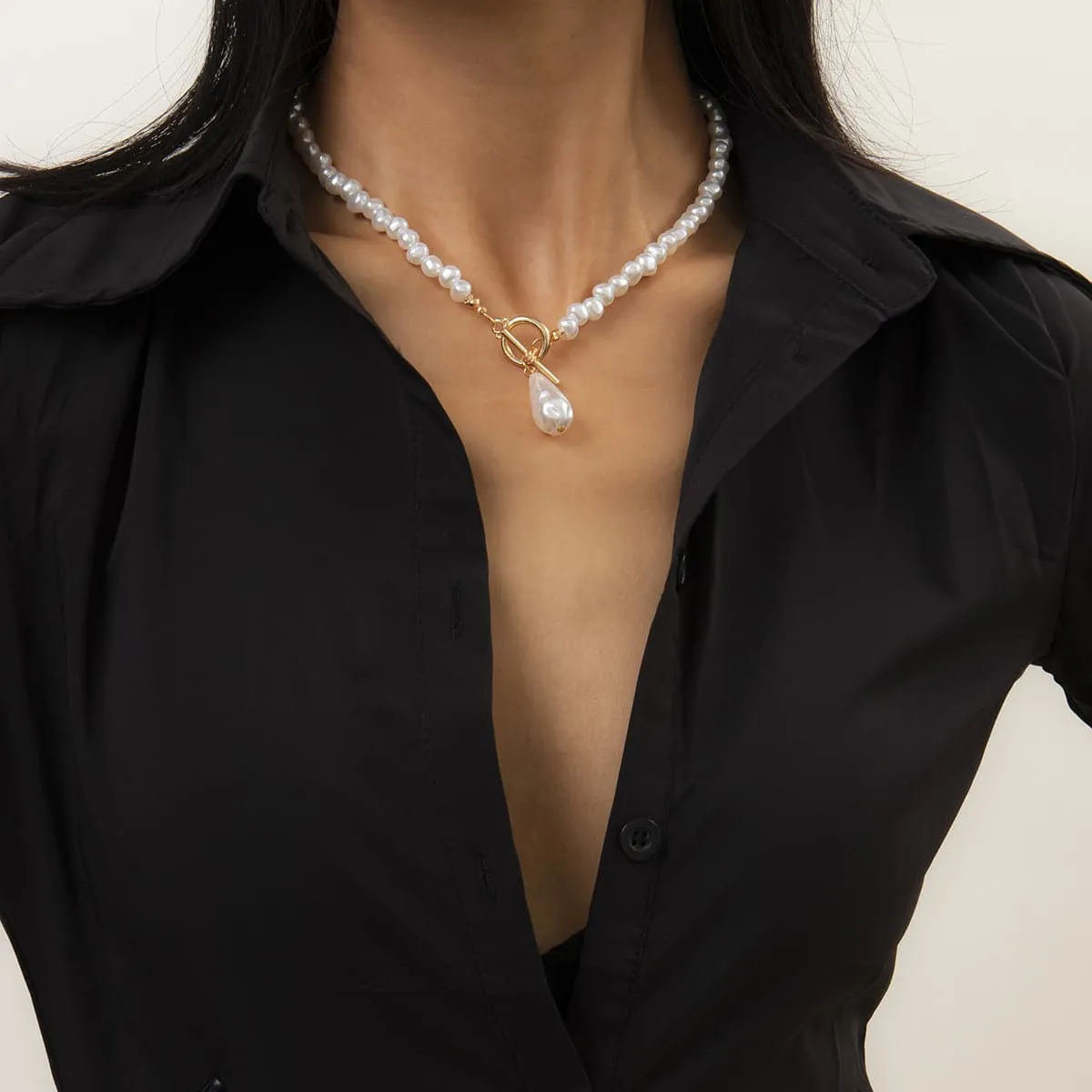 Pearl & 18K Gold-Plated Drop Toggle Pendant Necklace
